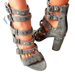 Sam Edelman Womens 7.5 M Gray Suede Studded Cage Ultra High Heel Sandal Open Toe